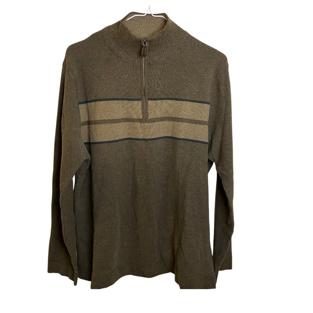 Reunion Men's Olive Zip-Up‎ Sweater with Stripes